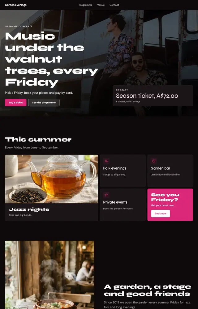 A site generated for Garden Evenings, Events