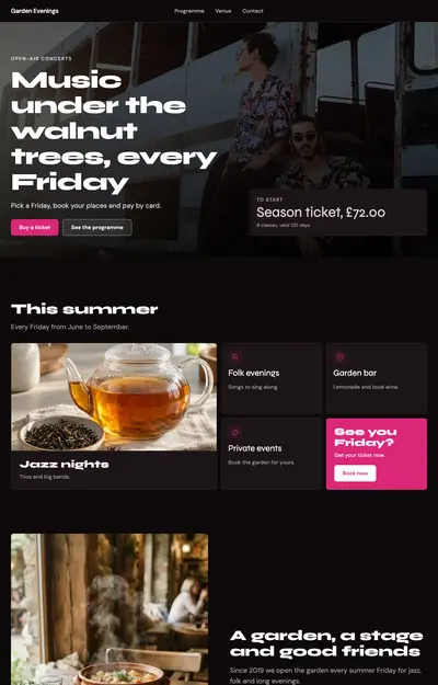 A site generated for Garden Evenings, Events