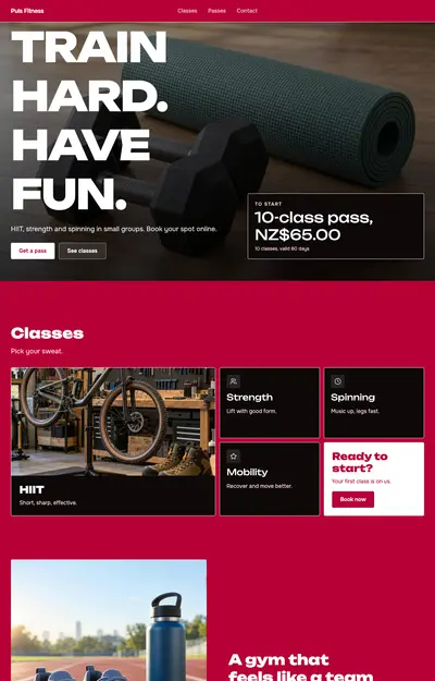 A site generated for Puls Fitness, Classes and courses