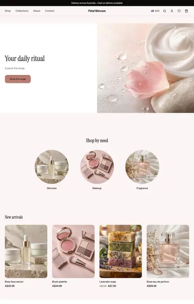 A site generated for Petal Skincare, Online stores