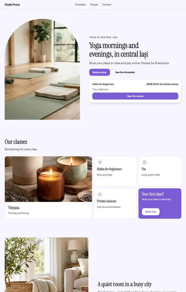A site generated for Studio Prana, Classes and courses